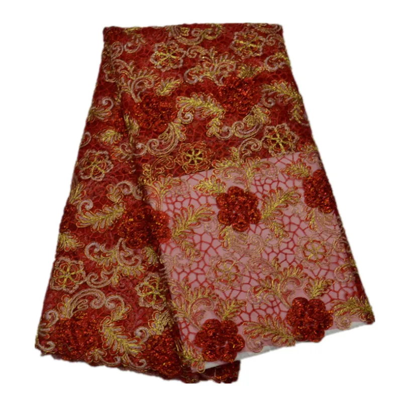

African red color french net lace fabric with embroidery