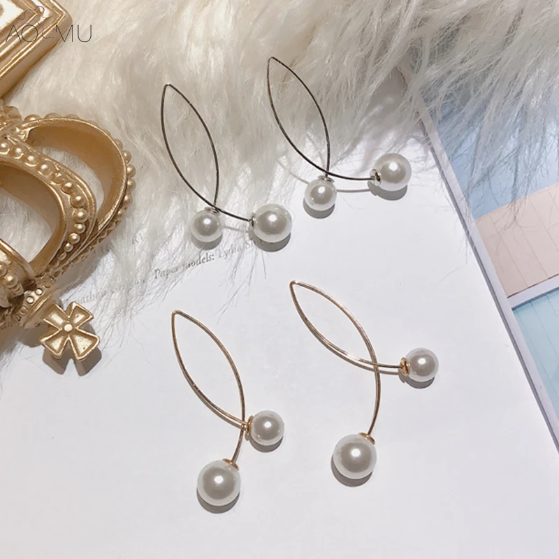 

AOMU 2018 Korea New Simple Elegant Cross Pearl Long Drop Earrings Fish Design Metal Chain Party Earrings for Women Girl Gift