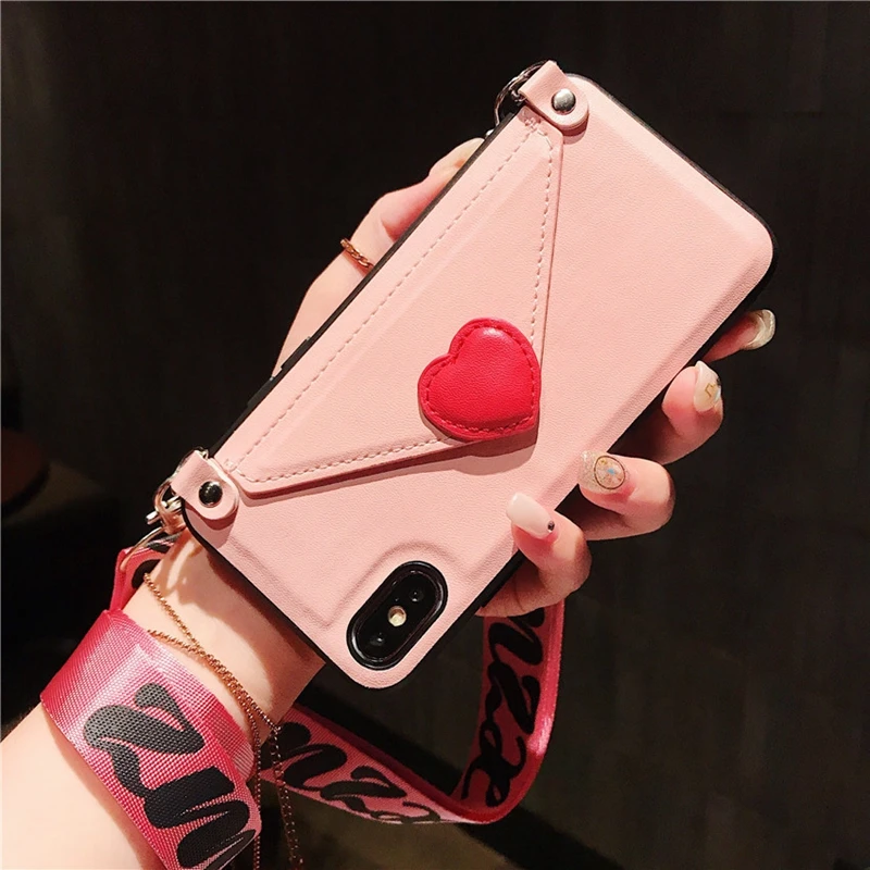 

Luxury love Heart Leather wallet Case for iPhone 7 7Plus Fashion Wave Point Lanyard Case For iphone XS Max X XR 8 6 6s Plus Case