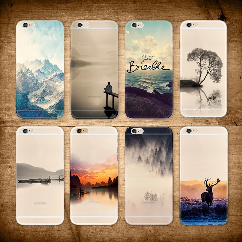 

Painted Scenery Case For Iphone 7 6 6s Plus 4.7/5.5 Mountain Sea Cat Deer Fishing Landscape Nature View Hard Back Case cover