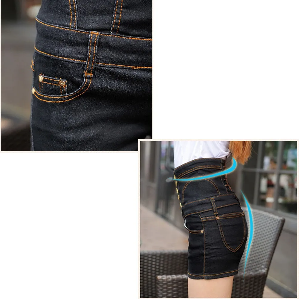 Женские джинсовые шорты с высокой талией однобортные синие или черные повседневные джинсовые шорты с эластичной талией