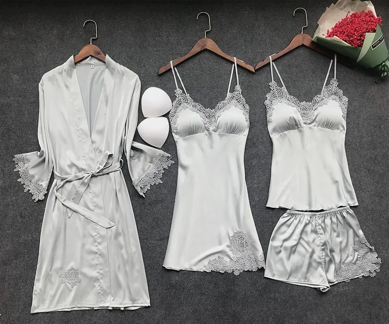 Комплект из 4 предметов, женское платье из искусственного шелка, пижамный комплект для женщин, пижама с длинным рукавом, ночная рубашка, пижама, ночная рубашка, комплект одежды для сна - Цвет: Gray