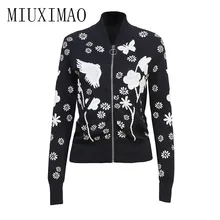 Высокое качество Европа Последняя осень Новое поступление v-образный вырез длинный рукав принт бабочки на цветах черная вязаная куртка для женщин