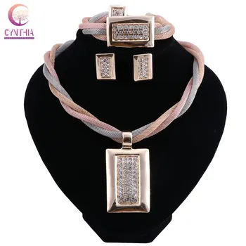 

Dubai Gold Color Wedding Pendant Necklace Earrings Sets For Women Brides Jewelery Costume Crystal Jewellery Sets