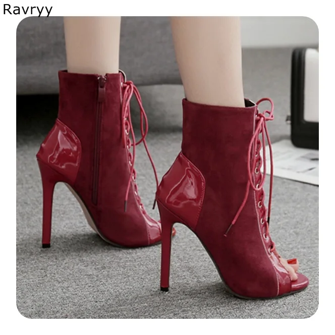 

Lace Up Women short boots wine red suede leather patch work woman ankle boot thin heel peep toe high heels autumn female shoes