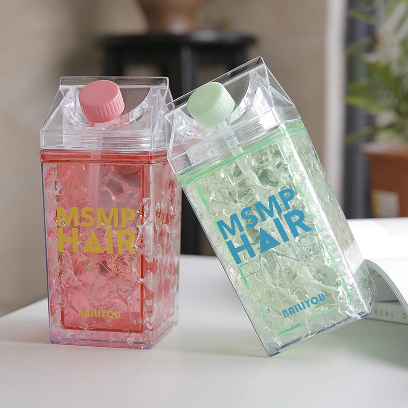 

VA STUDIO Milk Box Creative Plastic Water Bottle Summer Crushed Ice Design Bottles Two Bottle Mouth Yogurt House With Straw