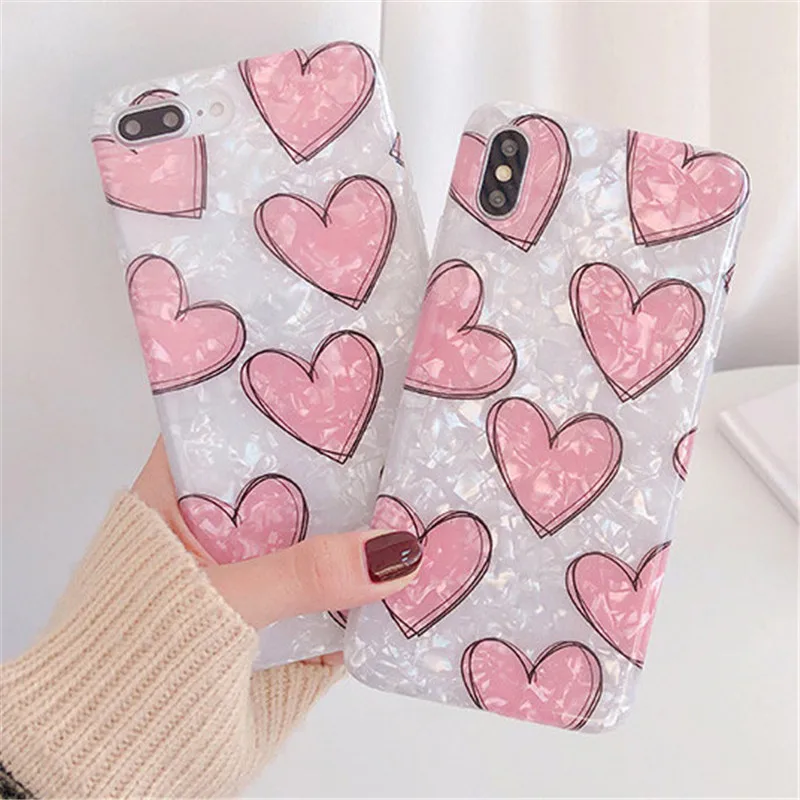

For iPhone 7 8 Plus Conch Shell Pink Love Phone Case For iPhone 6 6S X XR XS MAX Candy Dream Heart Soft IMD Full Body Back Cover