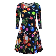 2017 Autumn Winter A Dresses Christmas Long Sleeve Print O-neck Mini-Dresses Casual Female Vestidos