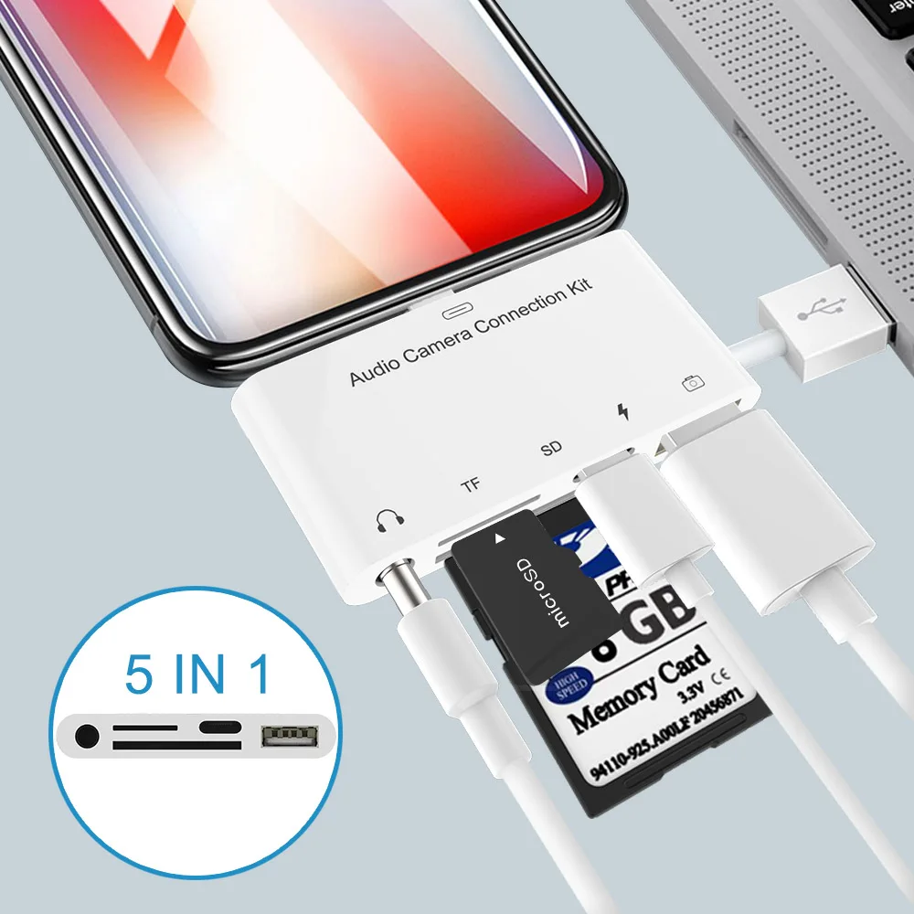 5 в 1 SD адаптер камеры USB OTG 5 мм аудио разъем, TF SD Micro-Reader Аудио комплект для подключения камеры для iPhone X 6 7 8