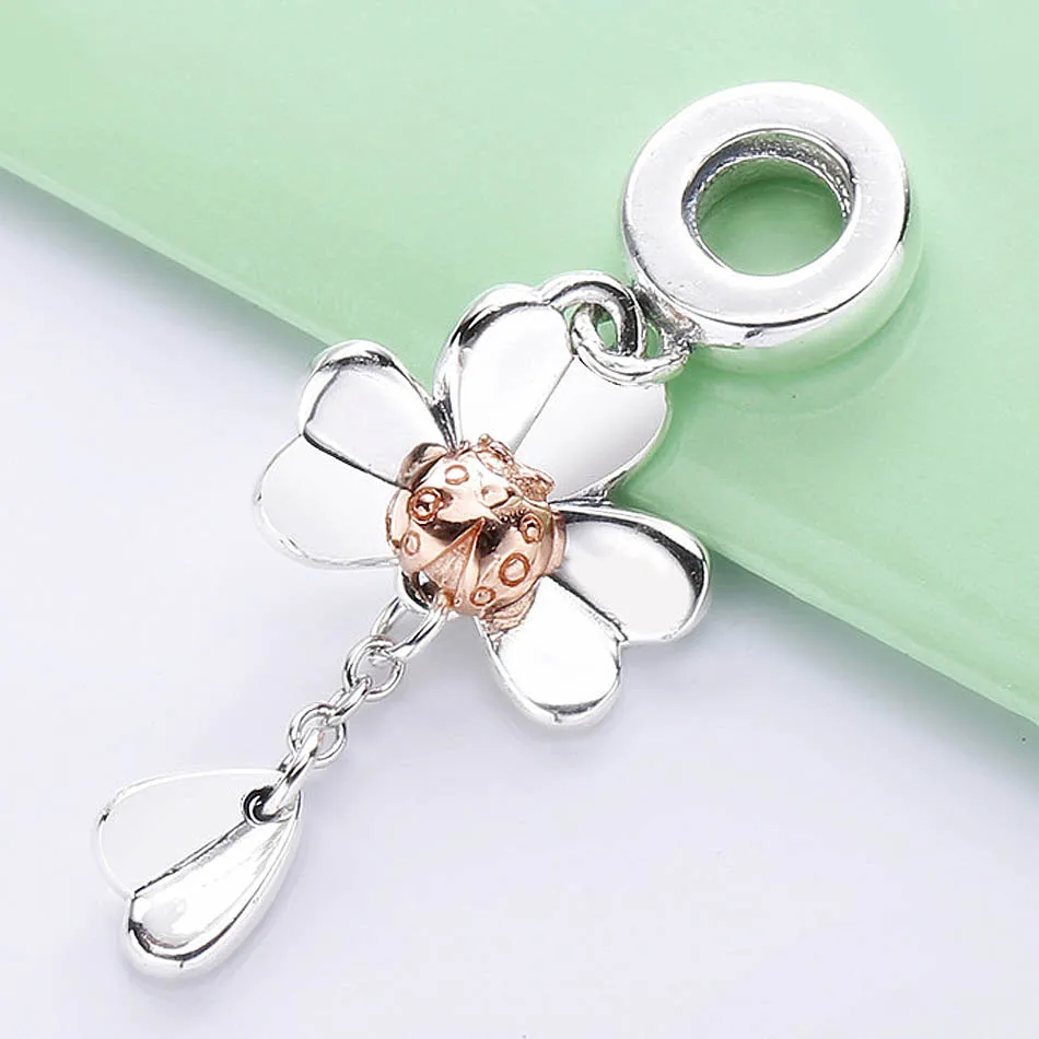 

New 925 Sterling Silver Charm Rose Gold Clover & Ladybird With One Leaf Pendant Beads Fit Pandora Bracelet Bangle Diy Jewelry