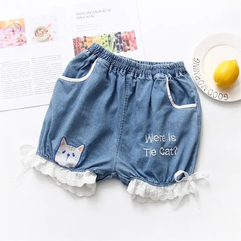 

Summer New Mori Girl Sweet Lolita Cute Cat Pattern Lace Bow Jeans Shorts Japanese Kawaii Young Girl Patchwork Lantern Shorts