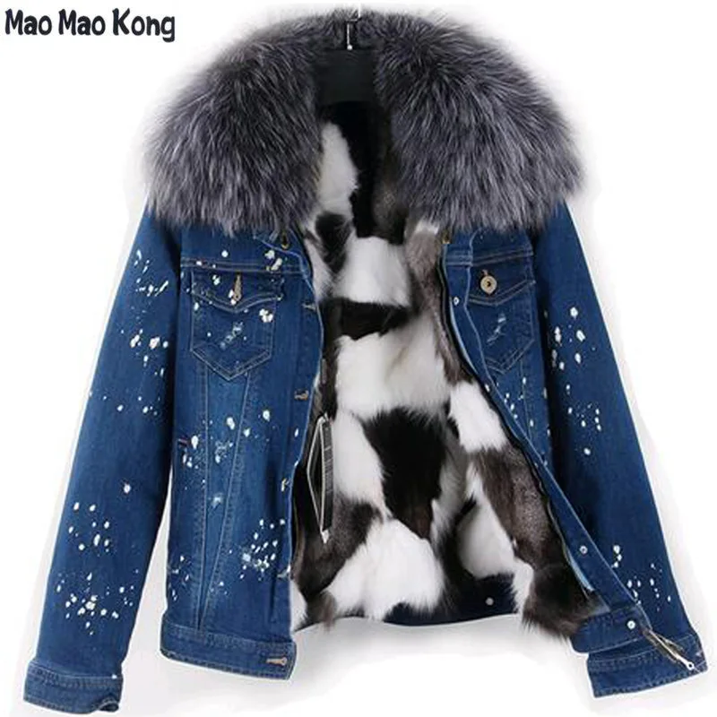 

brand 2018 autumn winter jacket coat women Holes Denim jacket real large raccoon fur collar and real Fox fur thick warm Liner