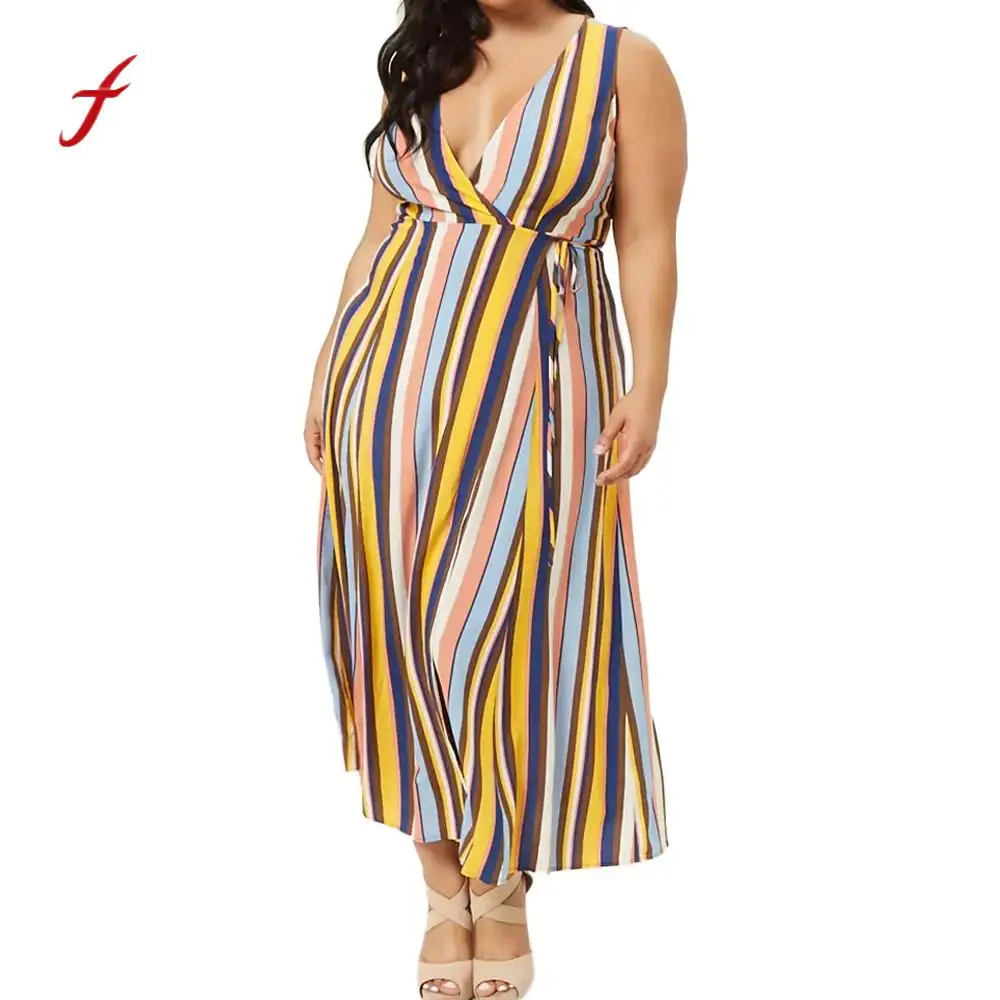

Feitong Women Dress Plus Size Summer Women Loose Maxi Dresses Sleeveless Dress Striped Printed Empire Ankle-Length Dresses /PT