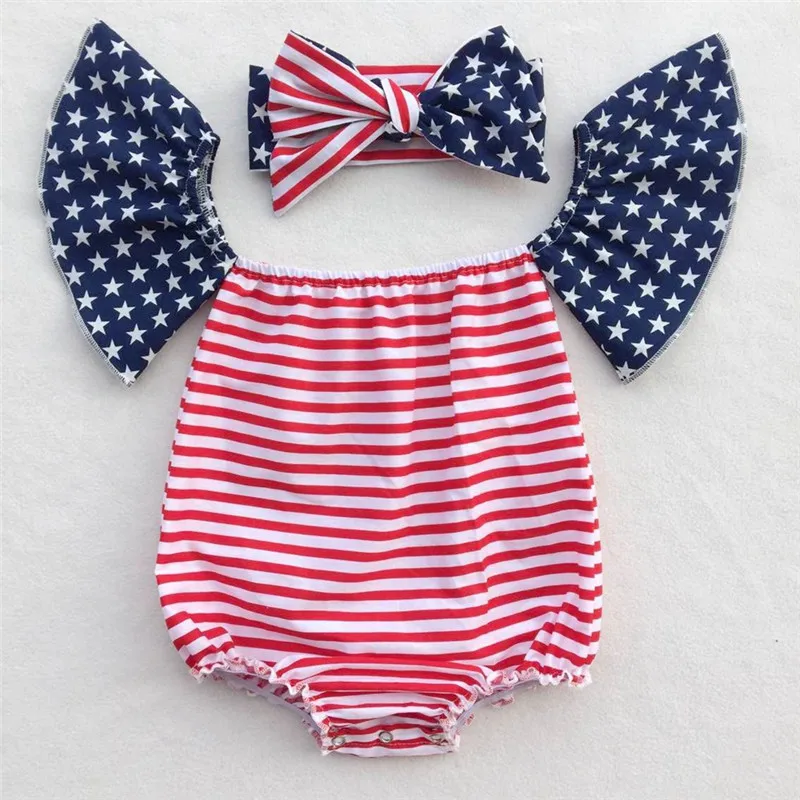 

Hot Baby Girl Outfits 4th of july Patriotic Festival Summer Toddler Kids Baby Girl Romper Off the Shoulder Baby Girl Clothes