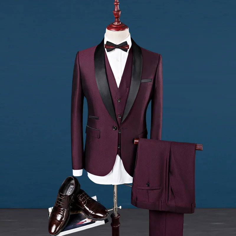 

Burgundy Suit Men Shawl Lapel Groom Tuxedos Mens Suits Slim Fit Wedding Best Man Blazer with Pants and Vest Tie 3 pieces Wine