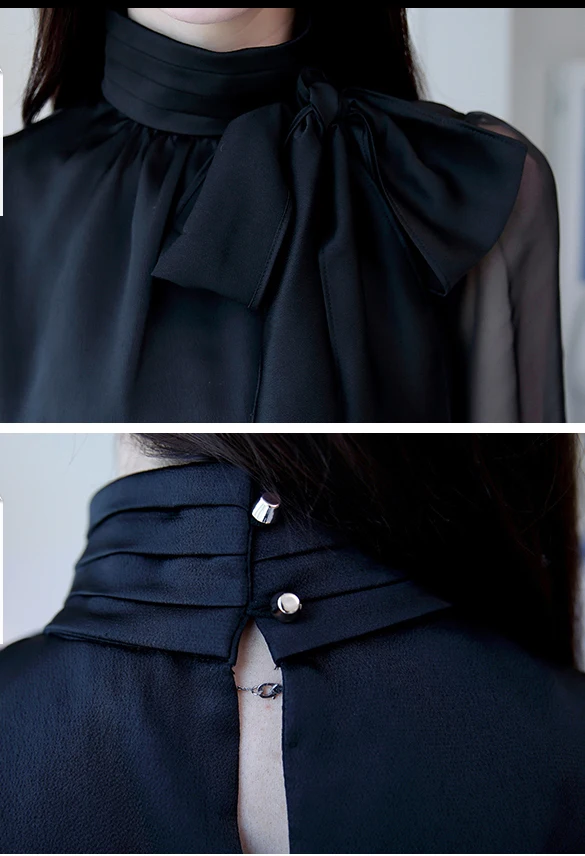 Новая летняя модная туника женская блузка рубашки длинный рукав галстук бабочка шифон водолазка Формальные женские белые черные рубашки