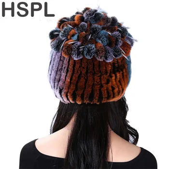 

HSPL Winter hat 2016 Fashion Real Rex Rabbit fur Winter Flower on Ball Warm Black Women's Lady Genuine Rabbit Cap