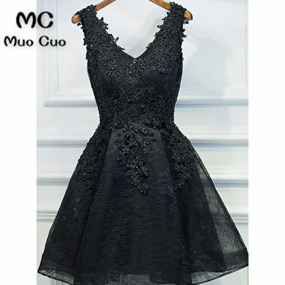 Discount A-line Party Prom Dresses Short Black Dresses With Lace Up Applique Mini Distinct Prom Dresses 