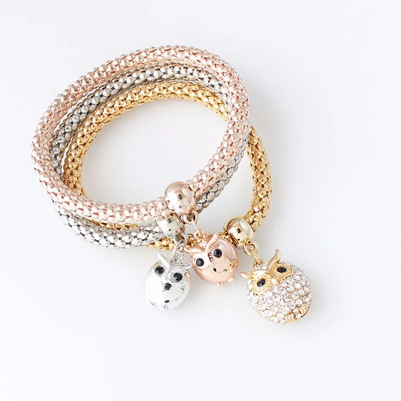 

F&U Metal And Rhinestone Owl Pendants Bracelets 3pcs/set Multilayers Three Colors on In One Set Fashion And Charming For Woman