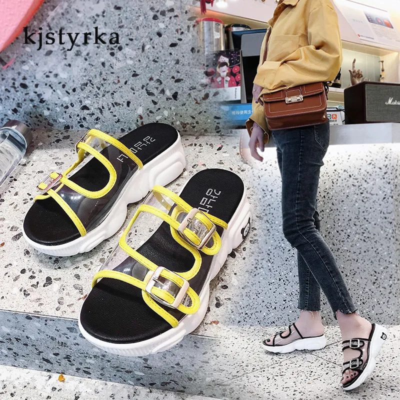 

Kjstyrka 2019 open toe brand comfortable Transparent buckle outside casual summer beach platform women slippers wedge pantuflas