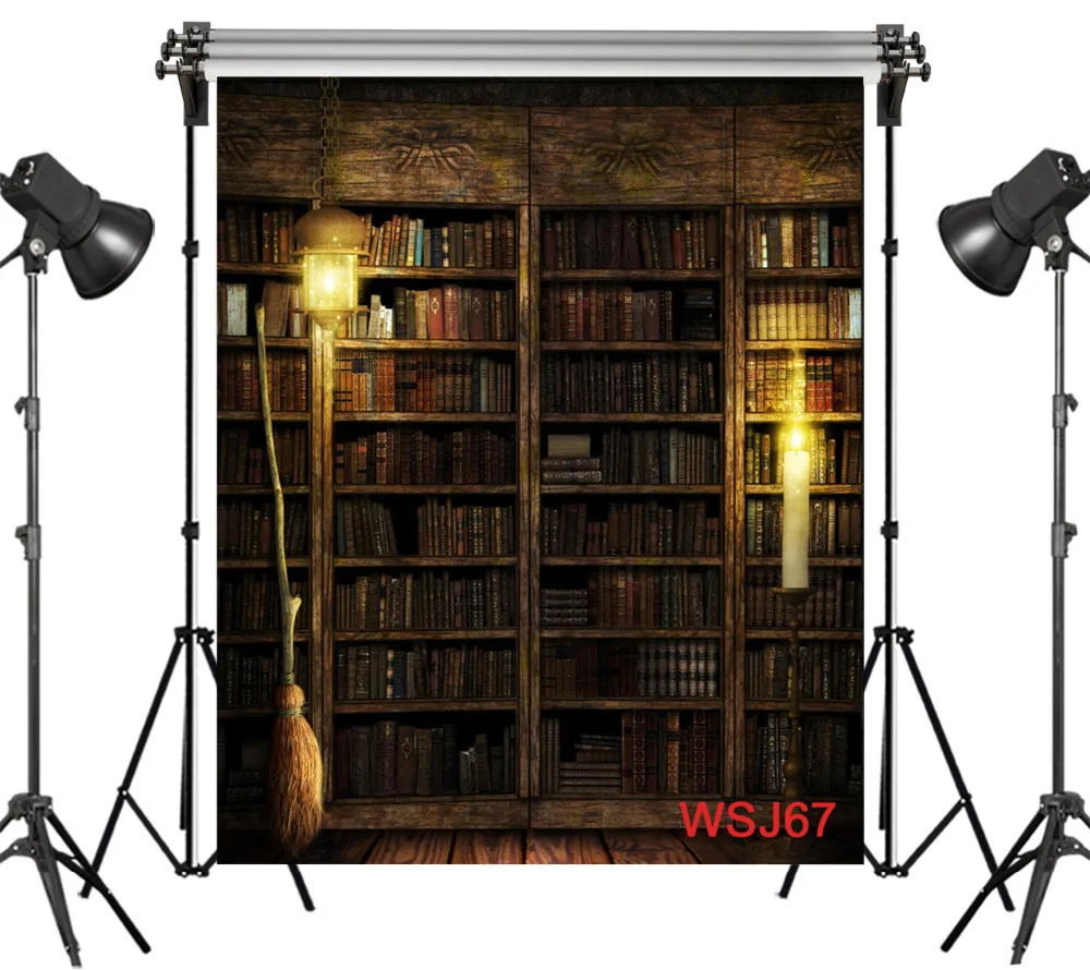 

LB Polyester & Vinyl Backgrounds For Photo Studio Children Photography Backdrops Halloween Theme Magic Broom Bookshelf Decor