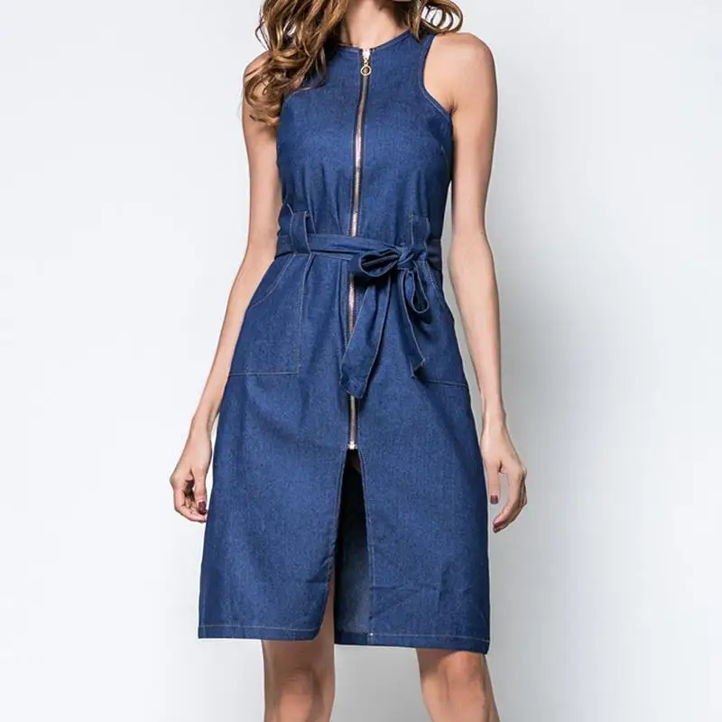 Women Dresses Round Neck Sleeveless Denim Dress 2018 Fashion Zipper With Belt A Line Jeans Dress WS5683E Women Dresses Round Neck Sleeveless Denim Dress 2018 Fashion Zipper With Belt A Line Jeans Dress WS5683E
