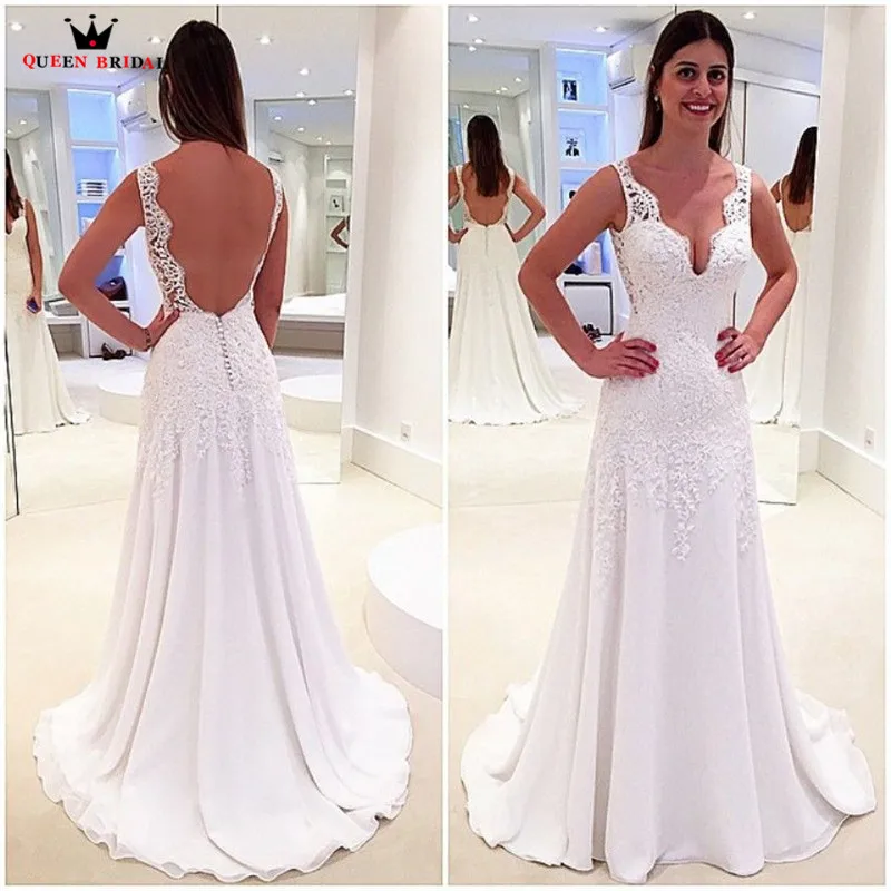 

A-line Backless Chiffon Lace Beading Simple Elegant Formal Bride Wedding Dresses 2018 New Fashion Wedding Gowns Custom Made YB71