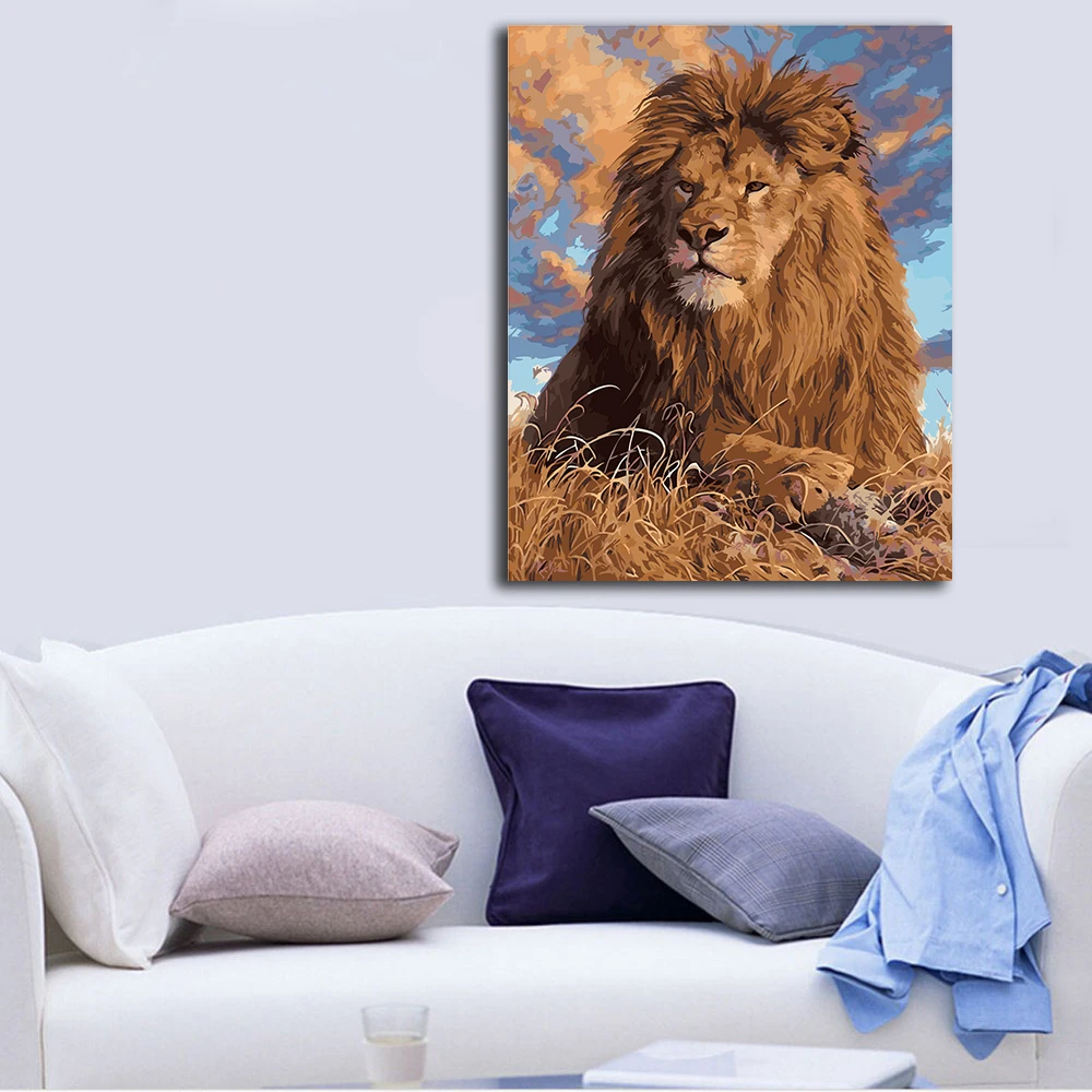 Framed Animal Lion DIY Painting By Numbers Handprinted On Canvas Wall