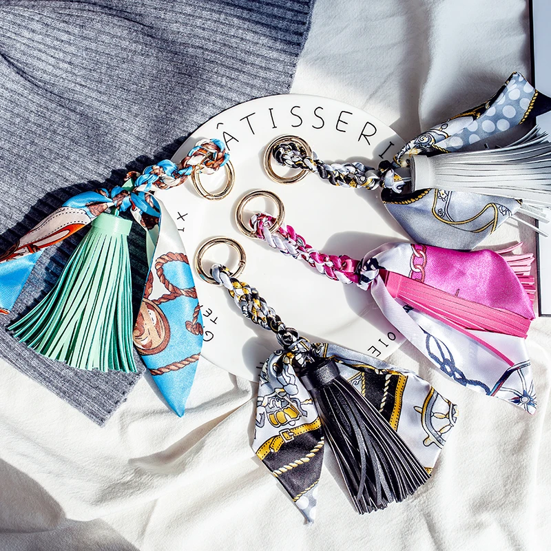 Fashion Silk Leather Tassel Keychain Bowknot Key Chains Women Bag
