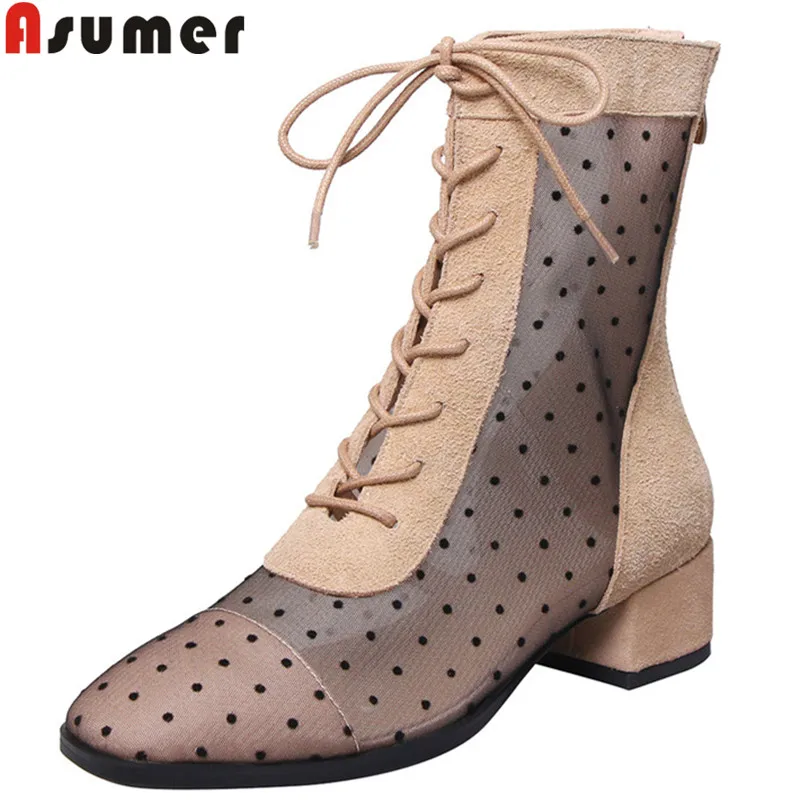 

ASUMER 2019 new summer boots women square toe lace up ladies shoes zip mesh suede leather boots simple women ankle boots