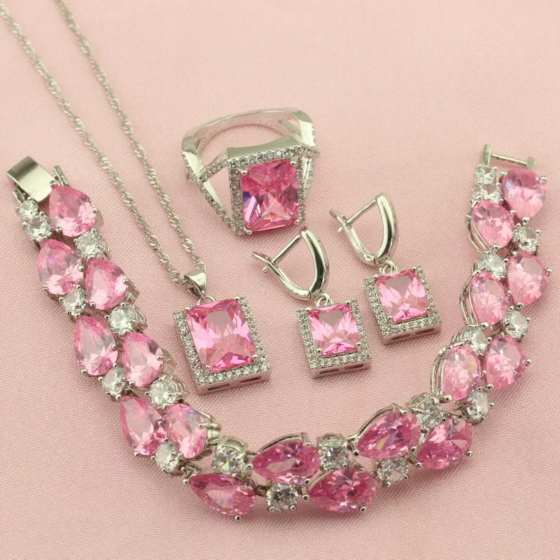

Womens' Jewelry Sets Pink Green Red Yellow Rainbow Square Stone Silver Color Drop Earrings Pendant Ring Bracelet Free Gift Box