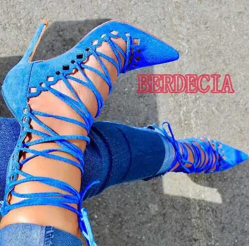 Fashion Blue Suede Leather Women Pointy Toe Lace Up Pumps Cutout Style Ladies Sexy High Heels Zipper Back Female Dress Shoes