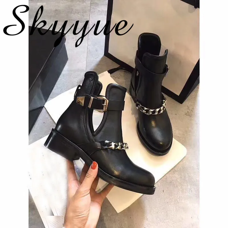 

SKYYUE New Black Genuine Leather Metal Chain Women Autumn Boots Round Toe Thick Low Heel Fashion Boots Shoes Women