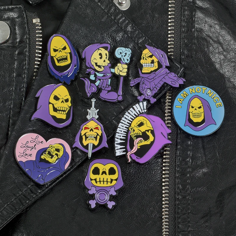 

9 Styles Skeleton Enamel Pins Purple robe Skeletor Pin Dead Skull Brooches For Women Men Halloween Jewelry Jackets Shirt Badge