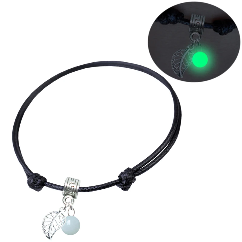 Adjustable Leather Wrap Bracelet ID Cordao Woven Rope Anklet Hollow Leaf Glow Light Stone Luminous Noctilucent For Women Kids