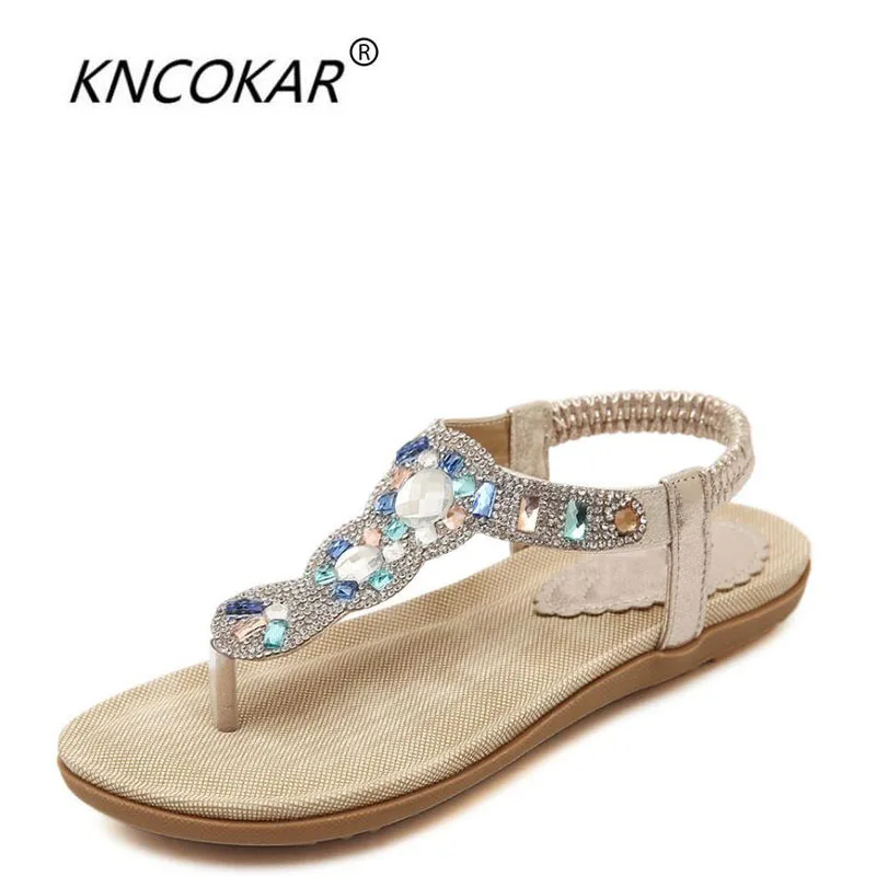 

KNCOKAR Summer New Style Women Fashion Comfortable Leisure Water Drill Pure Color Flat Heel Sandals Beach Shoes x0578