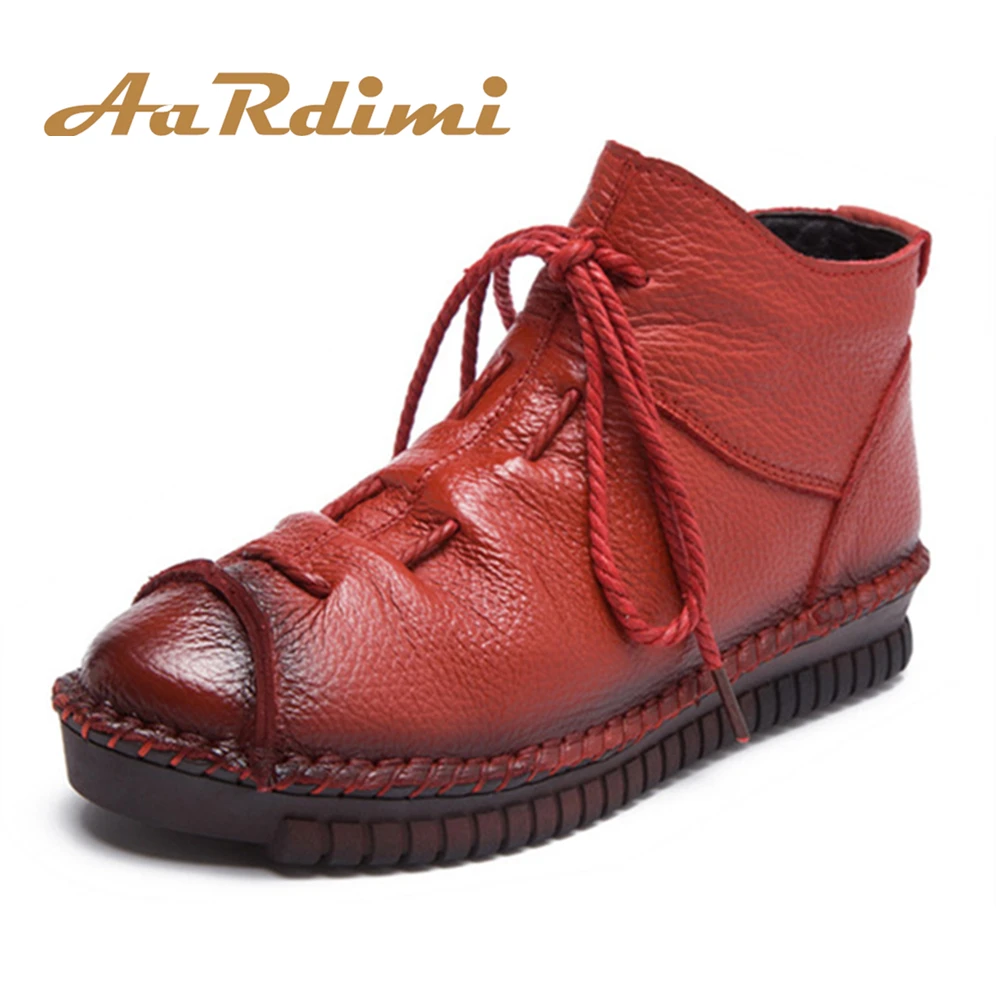 

New 2017 Women Shoes Genuine Leather Women Boots Martins Spring&Autumn Vintage Lace Up Ankle Boots Woman Flat Botas Mujer