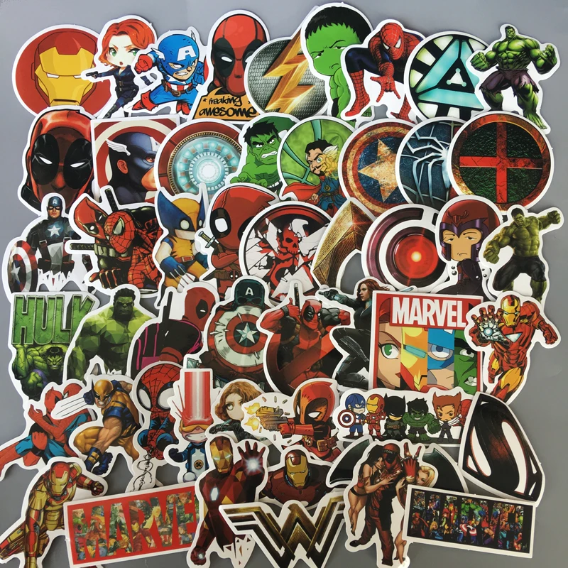 

NEW 50Pcs/Set Marvel DC Super Hero Stickers Batman Iron Joker Superman Captain Wonder Woman PVC Sticker For Suitcase Laptop Car