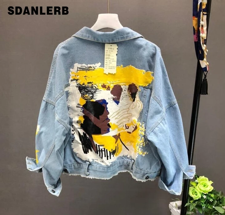 

Jeans Jacket Female Short Spring Summer Korean Version BF Long Sleeve Letters Printed Student Loose Jacket Short Jackets Coats
