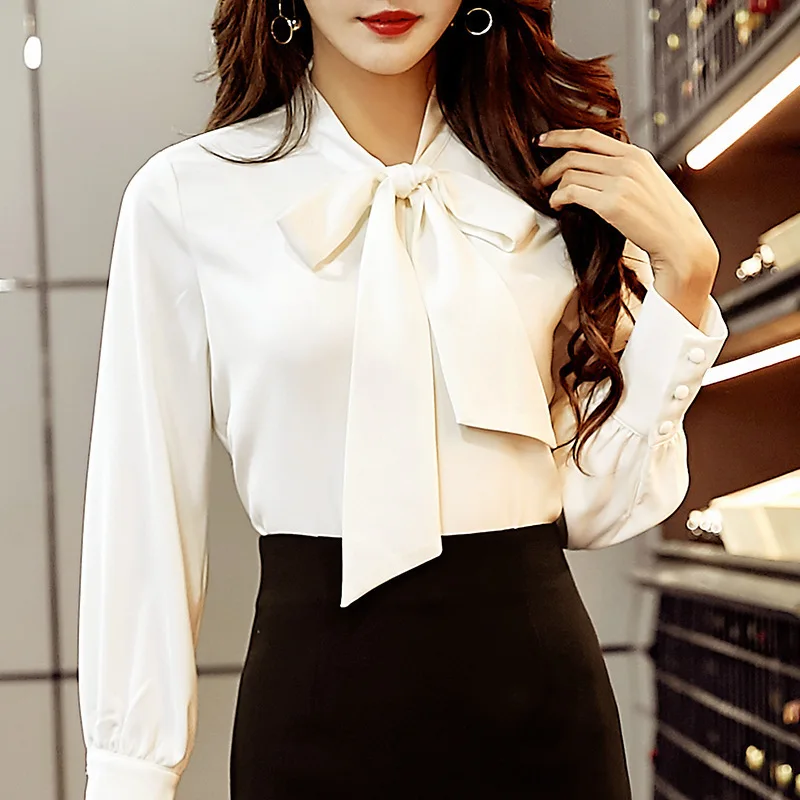 Chiffon Blouse 2019 Fashion Long Sleeve Women Blouses And Tops Bow Collar Office Shirt Casual Solid Color Blusas Chemise Femme