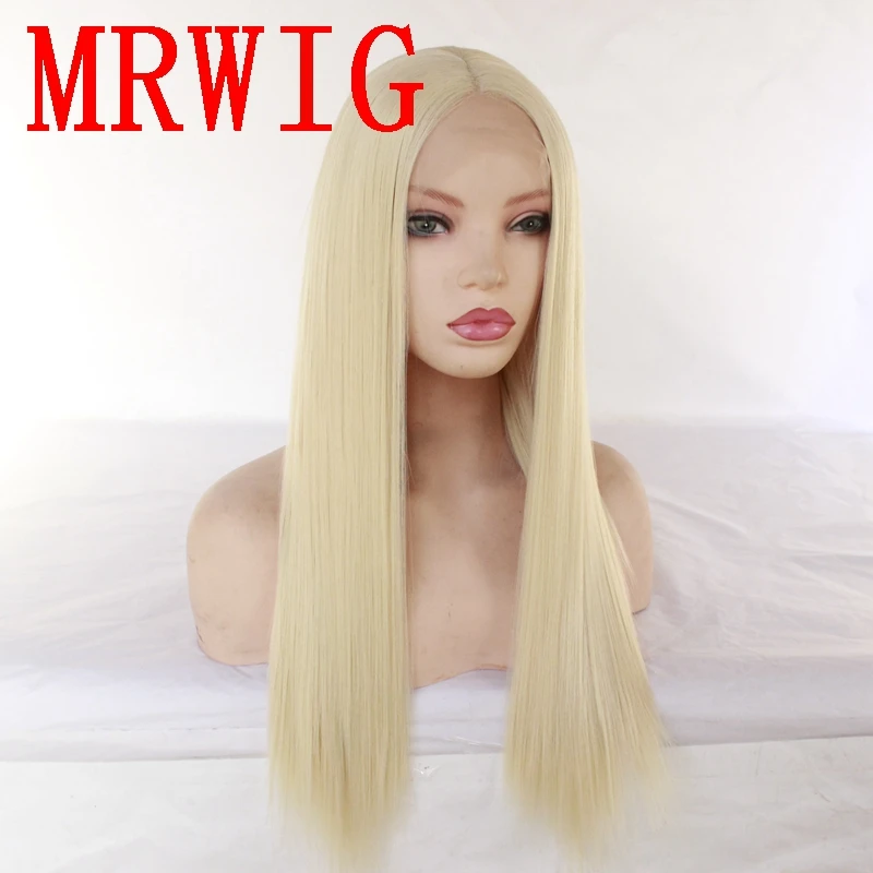 

MRWIG long blonde 20in 150%density silky straight synthetic front lace wig heat resistant fiber