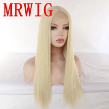 MRWIG long blonde 20in 150%density silky straight synthetic front lace wig heat resistant fiber adiors short silky straight inclined bang synthetic wig