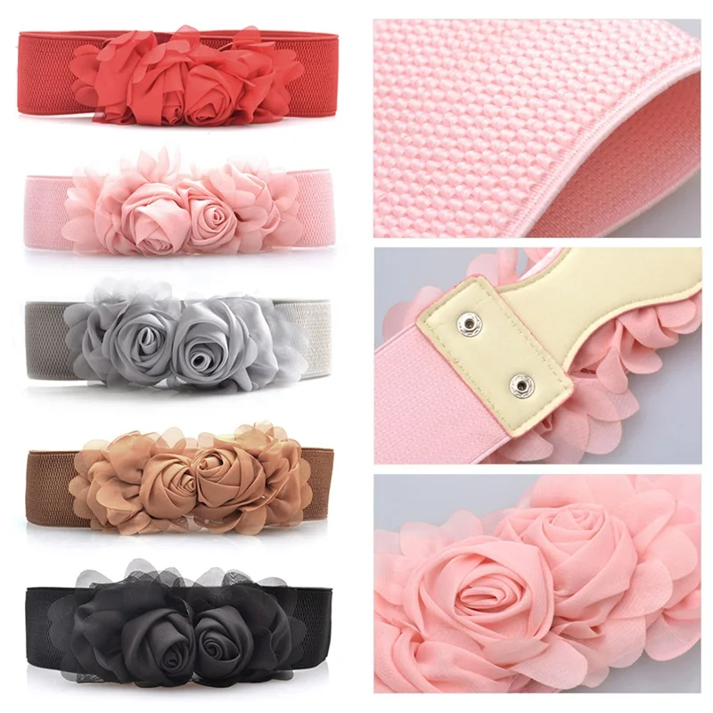 

New Women Lady Chiffon Rose Red Stretch Elastic Belt Wide Belts Stretch Buckle Waistband Waist Belts Double Flower Cummerbund
