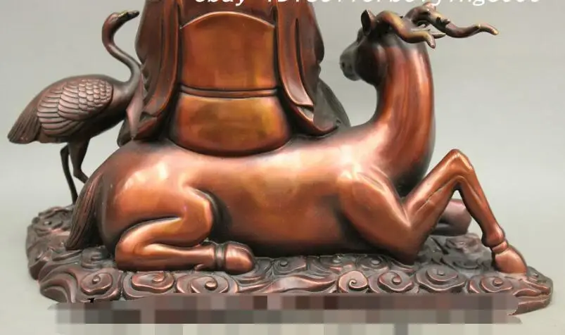 

S0816 13" Folk Chinese Bronze Lucky Deer Longevity Crane Shou Peach Star God Statue