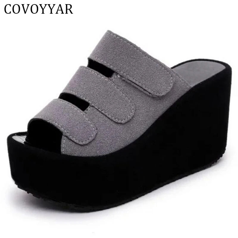 

COVOYYAR Platform Wedges Sandals Women Slides 2018 Summer Flock Hook Loop High Heels Slippers Slip On Ladies Shoes WSS236