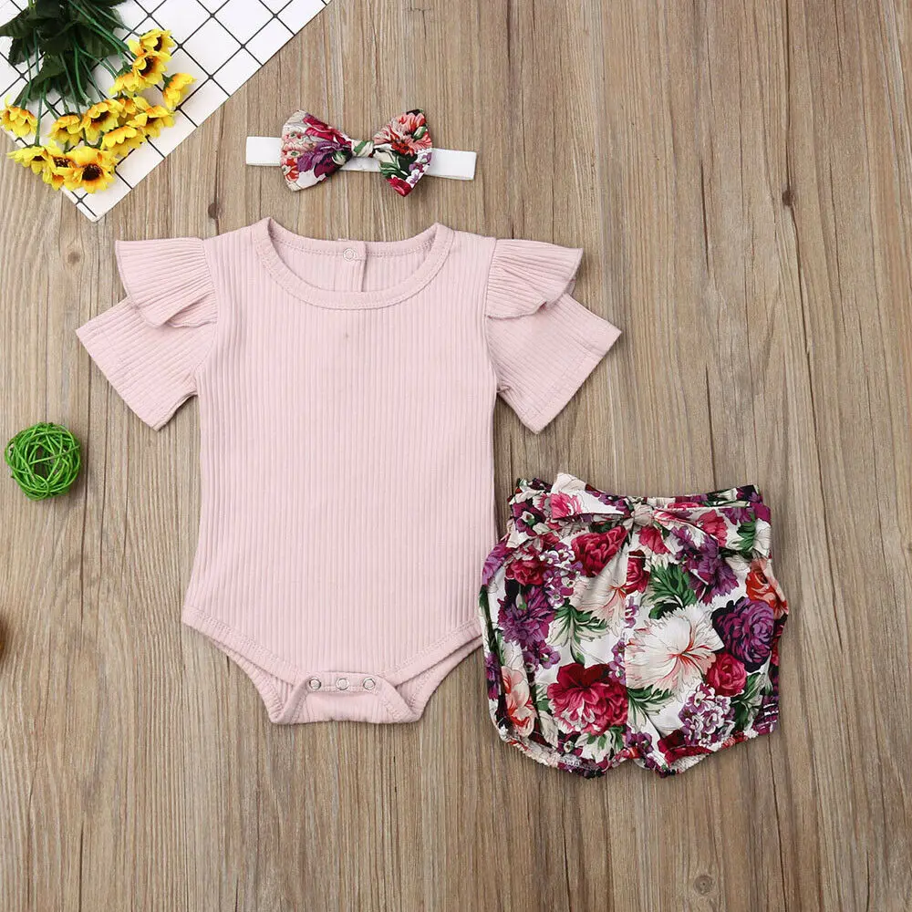Baby Clothing Set cheap 2019 Baby Summer Clothing Newborn Infant Baby Girl Boys Clothes Sets Solid Ribbed Romper+Floral PP Shorts+Headband 3Pcs Outfit baby dress set for girl
