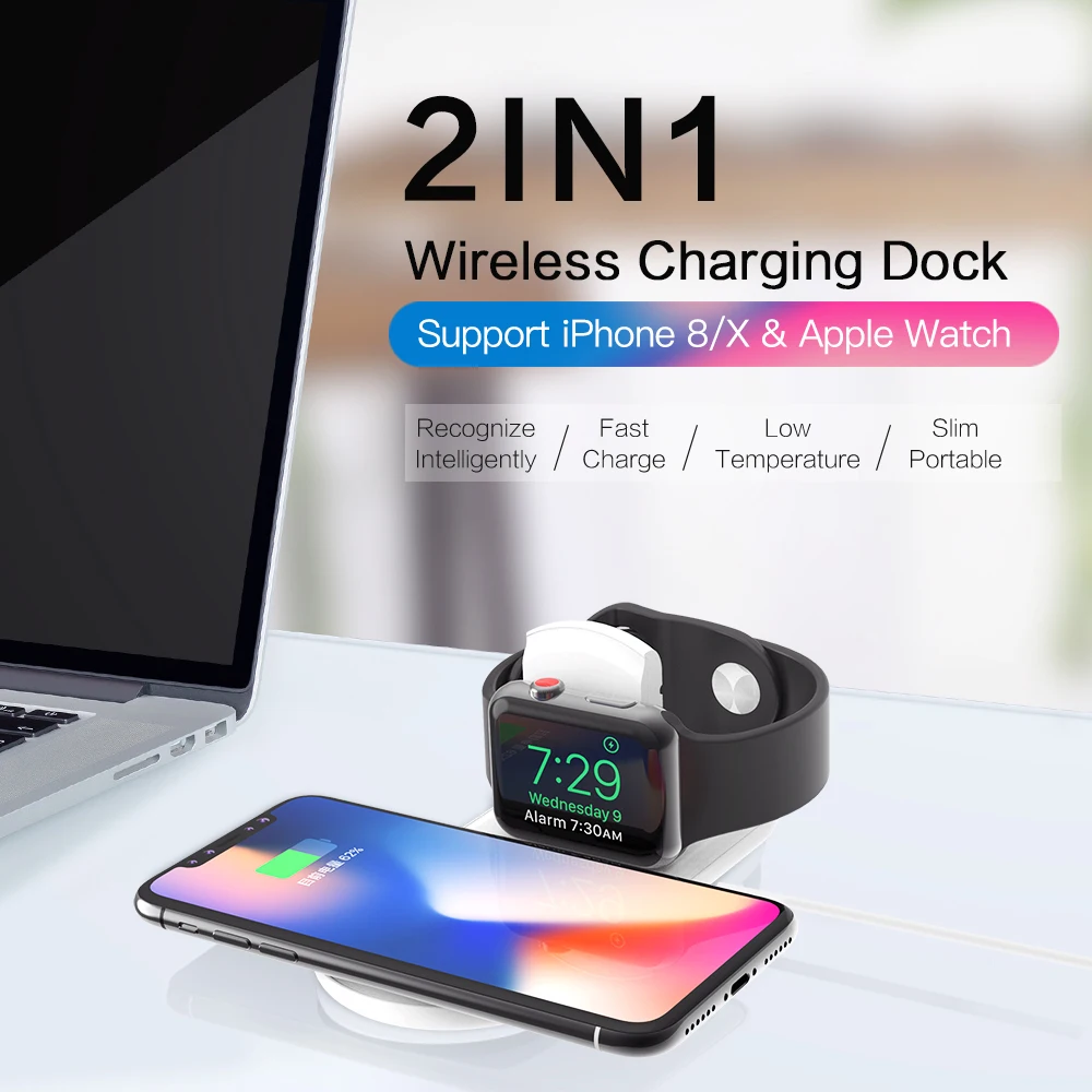 

2 in 1 Portable Dual QI Wireless Charger Dock 7.5W Fast Charging For iPhone 8 X XR XS Magnetic Charging for Apple Watch 1 2 3 4