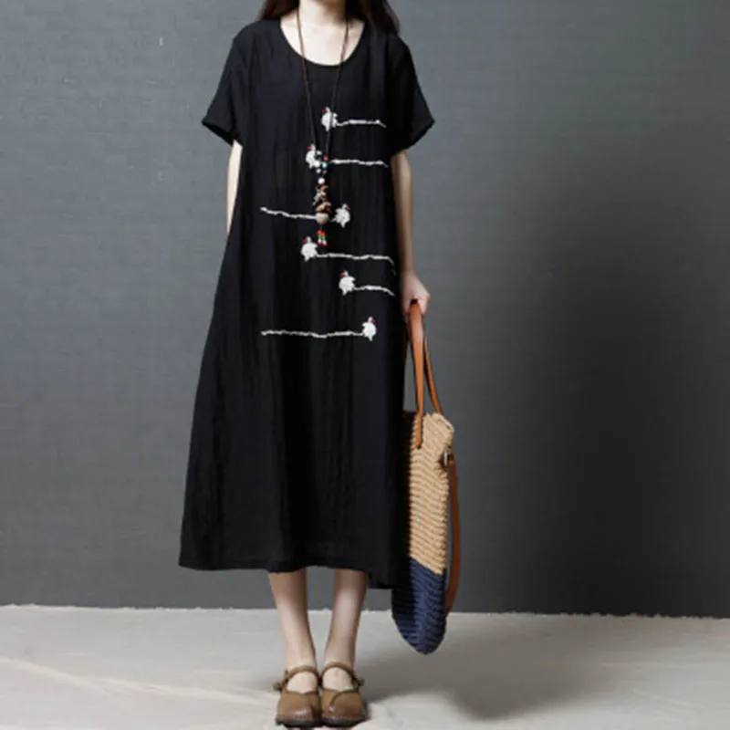 

2019 Cotton Linen Summer Dress Women Loose Plus size Casual Dress OL Work Wear Vintage Print Beach Sundress Dresses vestidos