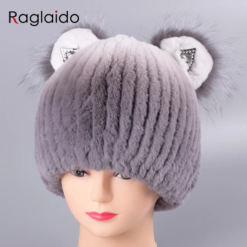 

Raglaido fur hats for women natural knitted rex rabbit silver fox fur caps fashion diamond ear hats winter beanies warm LQ11222