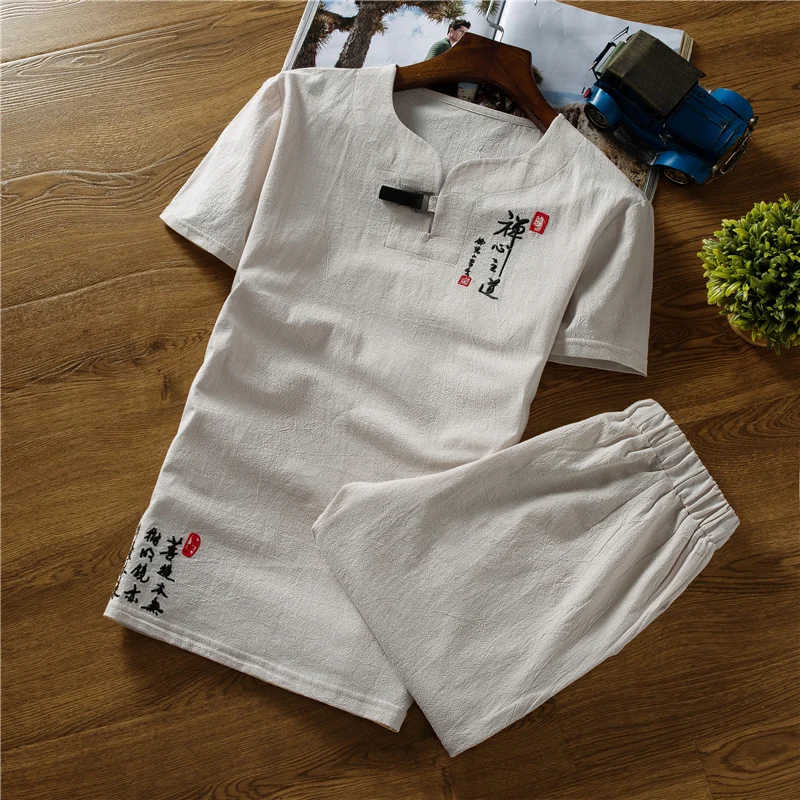 

HCXY 2018 New Summer MenS Short Sleeve Linen (T shirt + short ) one set T-shirt Men style t shirt for male Large size 6XL